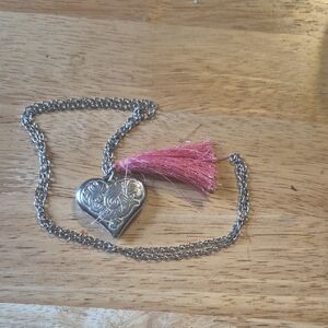 Silver Heart Pendant Necklace with Pink Tassel